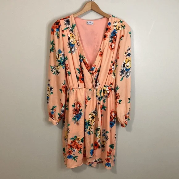 Brigitte Bailey Size Large Dress Peach Fuzz Floral Long Sleeve Dress - Picture 2 of 10